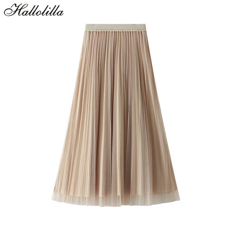 

Women Clothes Skirts Womans Pleated Skirt Women's Clothing Elegant Ankle-Length Wear on Both Sides Folds Mesh Solid A-LINE
