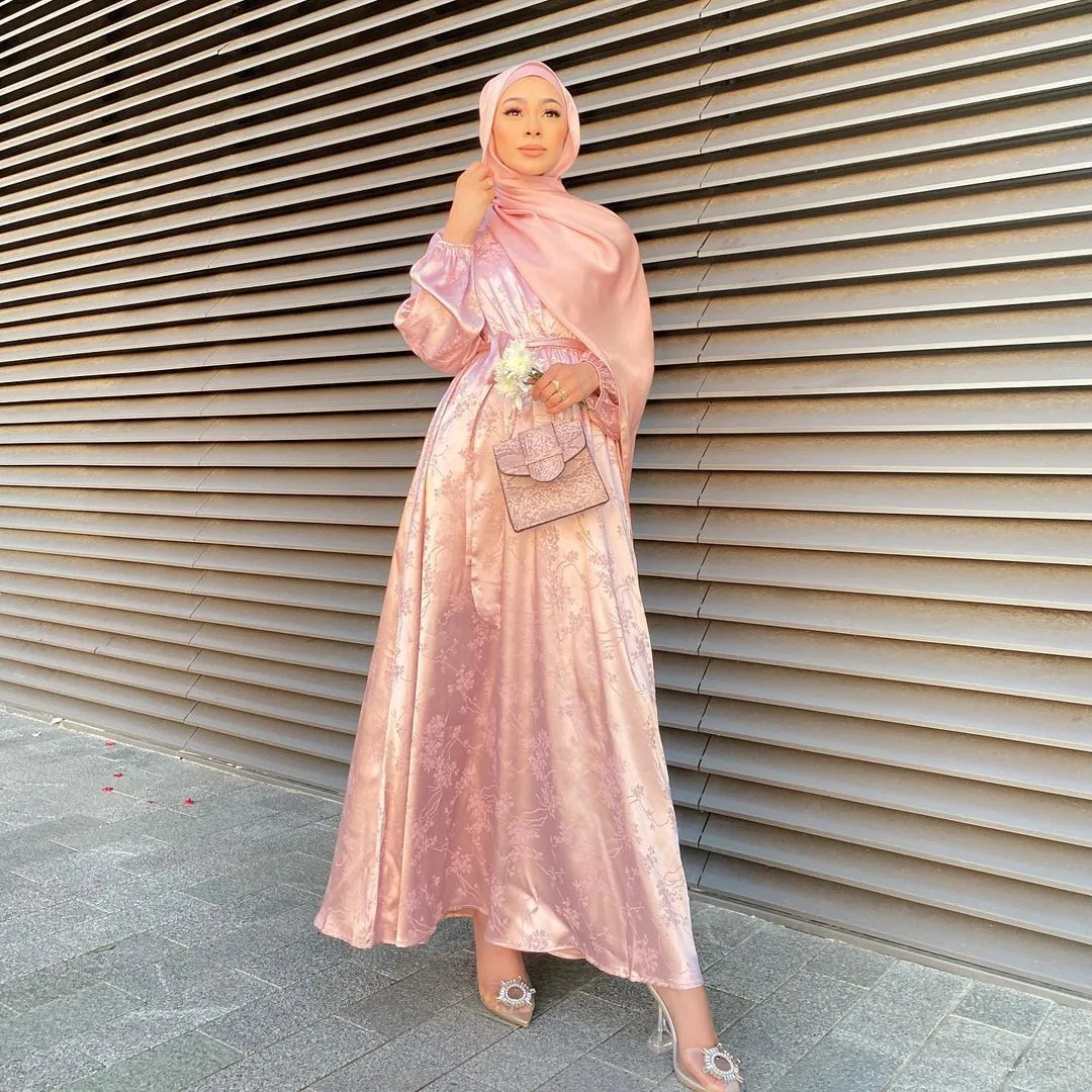Eid Silk Feeling Jacquard Puff Sleeve Satin Abaya Dress with Hijab Scarf for Muslim Women Islamic Dresses Dubai Turkey Kaftan