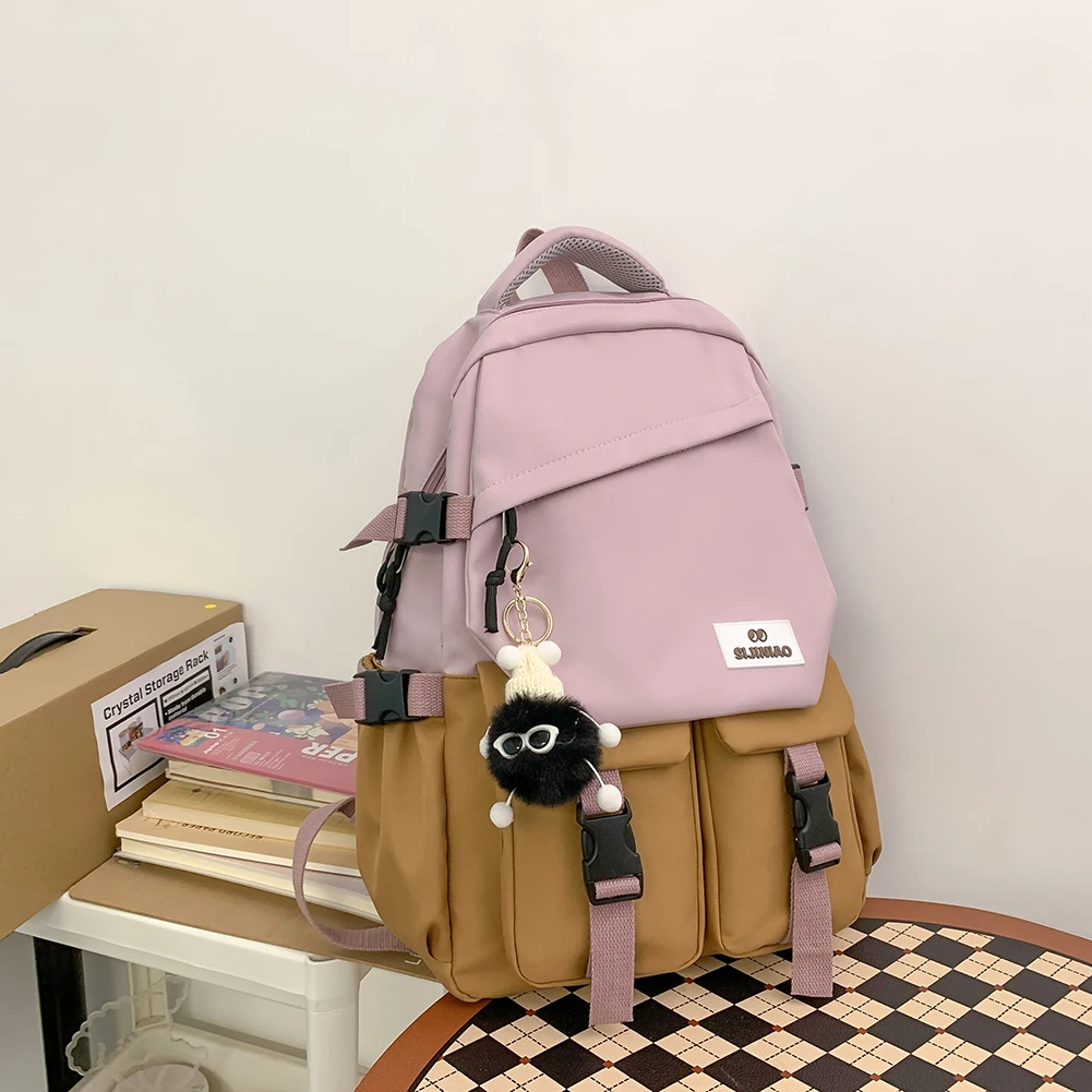 

Nylon School Backpack Contrast Color Women Student Backpack Large Capacity Fashion Simple Portable with Pendant Teenage Girls