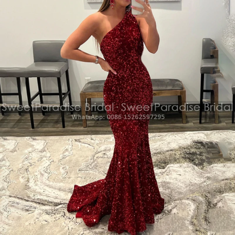 

Burgundy Sequins One Shoulder Bridesmaid Dresses Mermaid Backless Long Women Wedding Party Dress Maid Of Honor