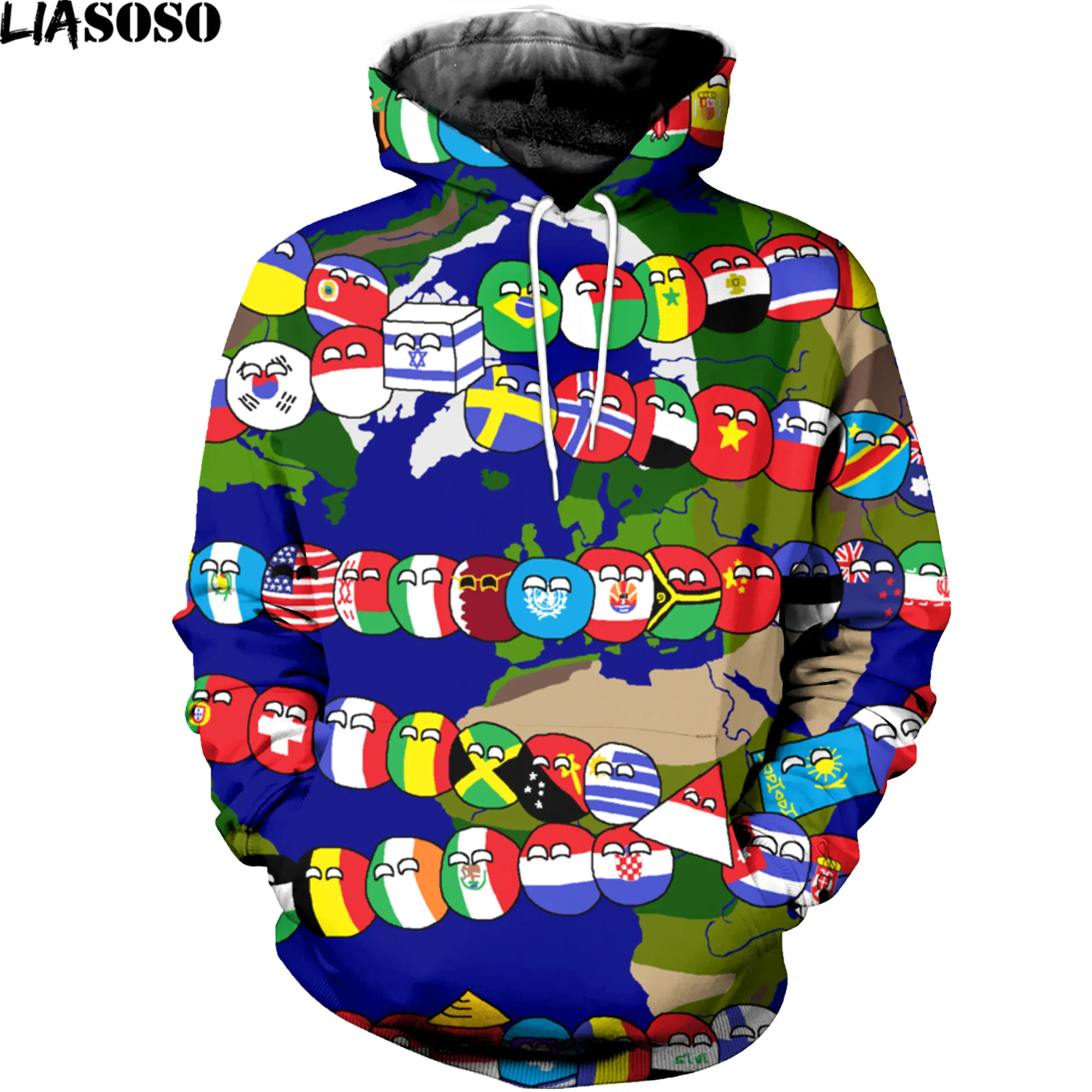 

LIASOSO Countryball Hooded Hoodies 3D Print Men Women Casual Cartoon Polandballs Sweatshirts French USA National Ball Pullovers