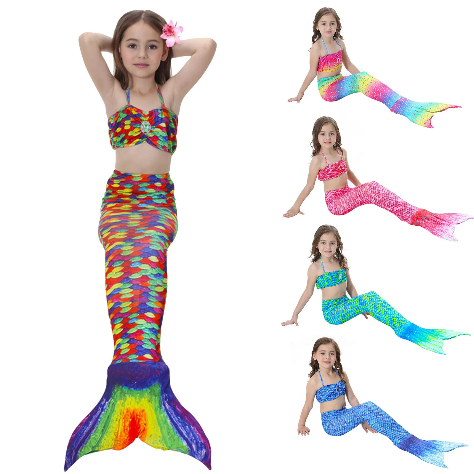 Toddler Kids Girls Swimwear Bikini Halter Mermaid Print Top Shorts Sets Swimsuit Summer Beach Outfit Three Pieces Bathing Suits
