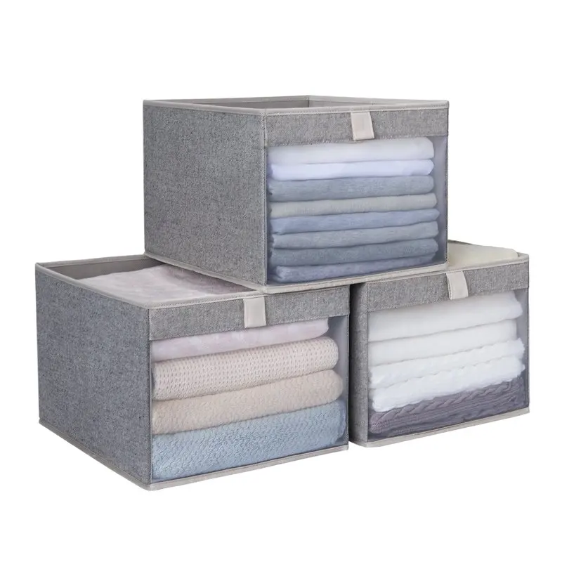 

Large, Gray Collapsible Storage Box With PVC Window, Fabric Stackable Container For Closet Organization, 15.2"x12.6"x10"