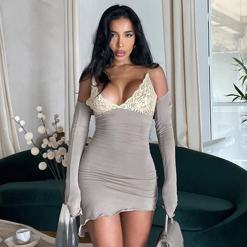 

YAKASEXI 2022 Lace Patchwork Mini Dress Women Sexy Off Shoulder V-neck Long Sleeve Party Dresses Autumn Winter Slim Vestidos