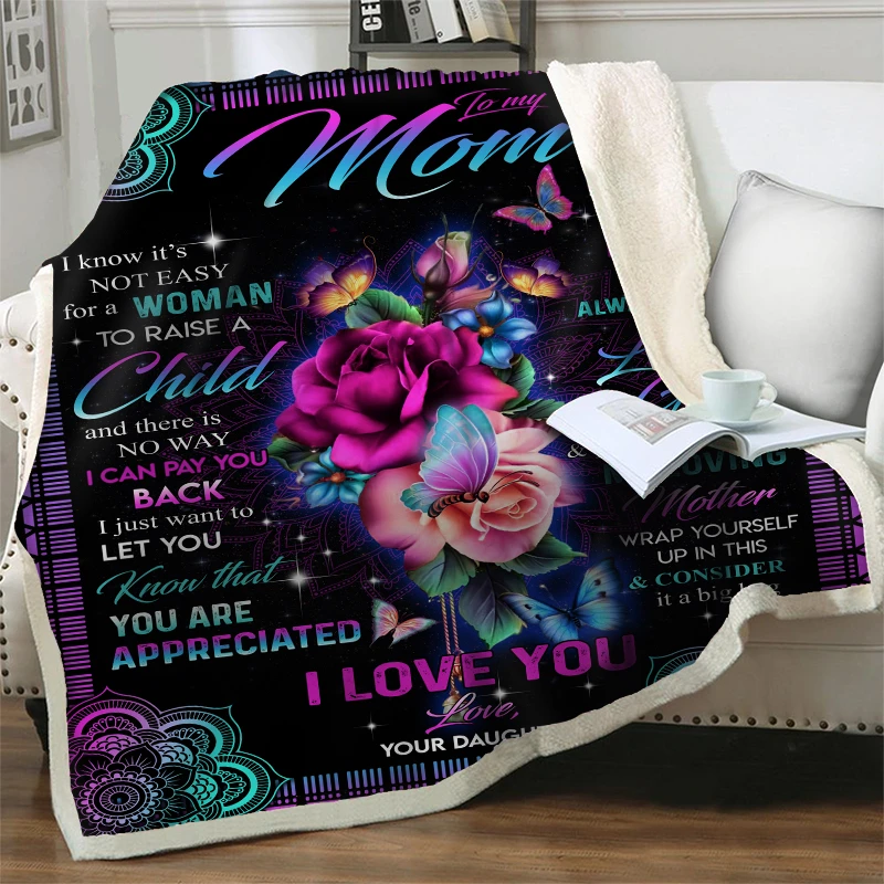 

Gorgeous Flower Throw Blankets on Bed Sofa 3D Plush Sherpa Nap Blanket Creative Bedspread Letter To My Mom Fur Print Quilt cover