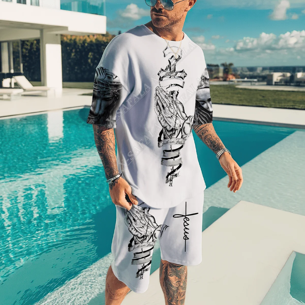 Мужская футболка с принтом Иисуса крест Бог Вера молитвенный Христос короткий