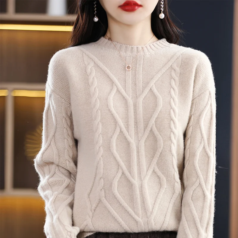 Fall/Winter 100% Pure Wool Sweater Casual Solid Round Neck Women's Top Loose Pull Cashmere Knitwear Overside Thickened Pullover