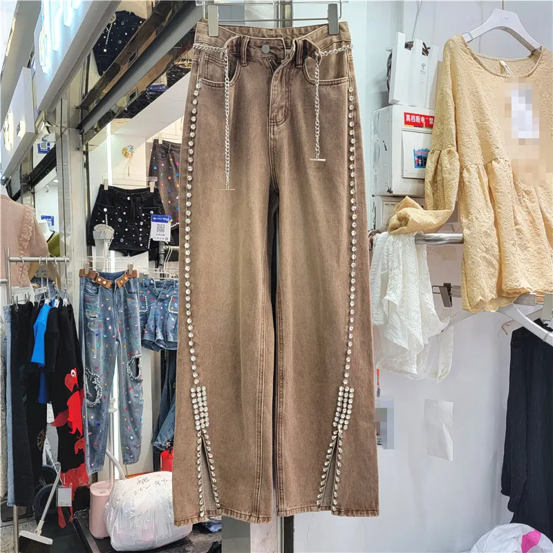 

SuperAen Jeans Women's 2022 New Straight Tube Loose Hanging Feeling High Waist Diamond Split Denim Wide Leg Pants