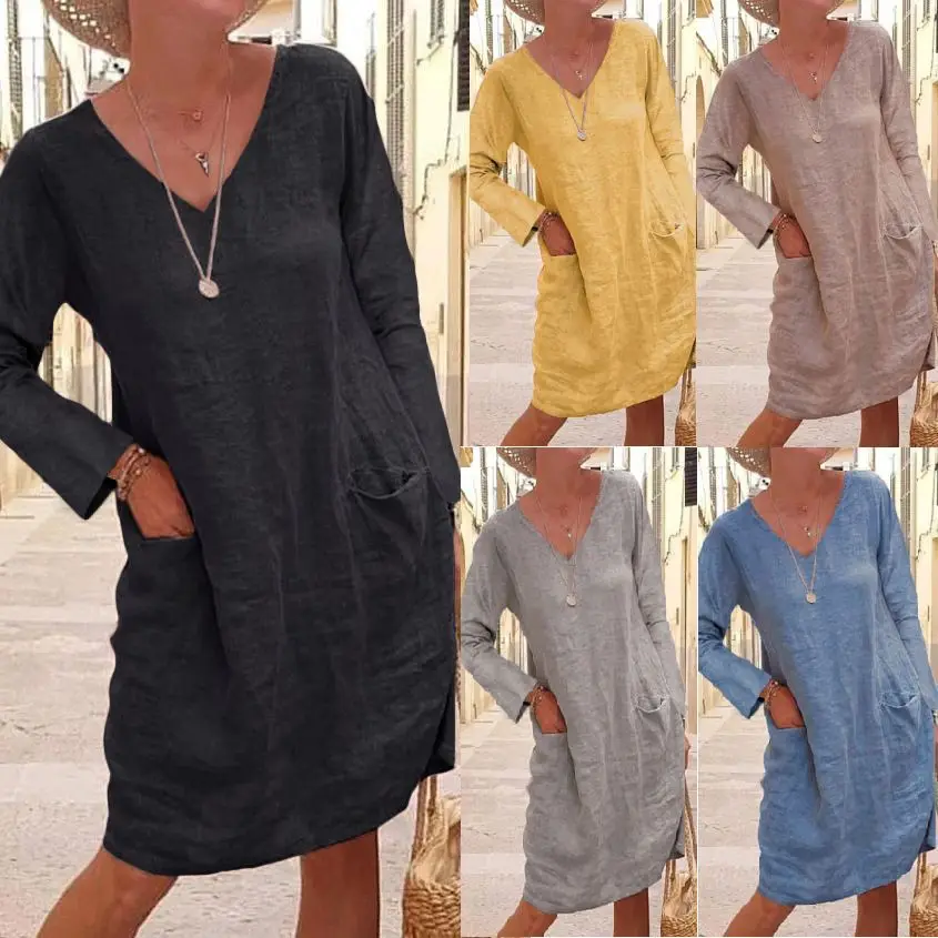 

2022 Autumn and winter loose solid color pocket long sleeve V-neck cotton and linen dress fashion casual women's clothing