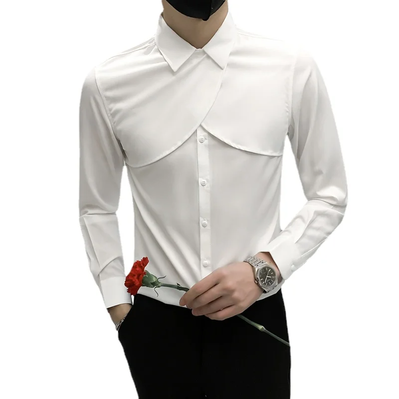 

Qj Cinga Brand Men Business Banquet Dress Shirts 2022 New Fashion Stitching Tuxedo Top Homme Solid Color Slim Fit Clothes