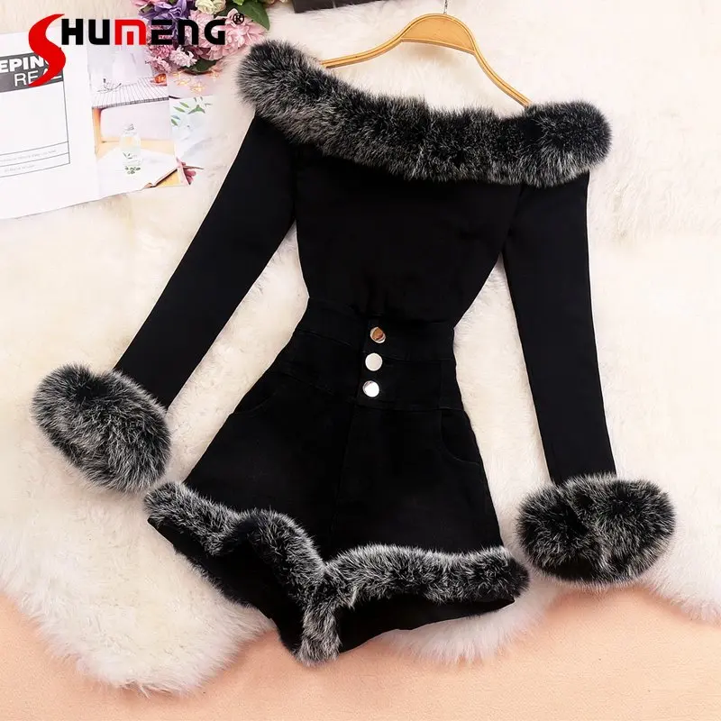 Real Shot Autumn and Winter New Socialite Style off-Shoulder Fur Collar Top High Waist Fur Shorts Stylish Two-Piece Suit