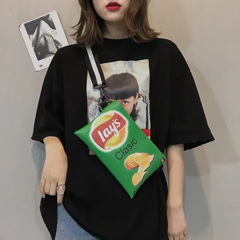 

Funny Potato Chips Crossbody Handbag Women Canvas Shoulder Bag Mini Cartoon Printing Girl Envelope Bags Female Clutch Cute Purse