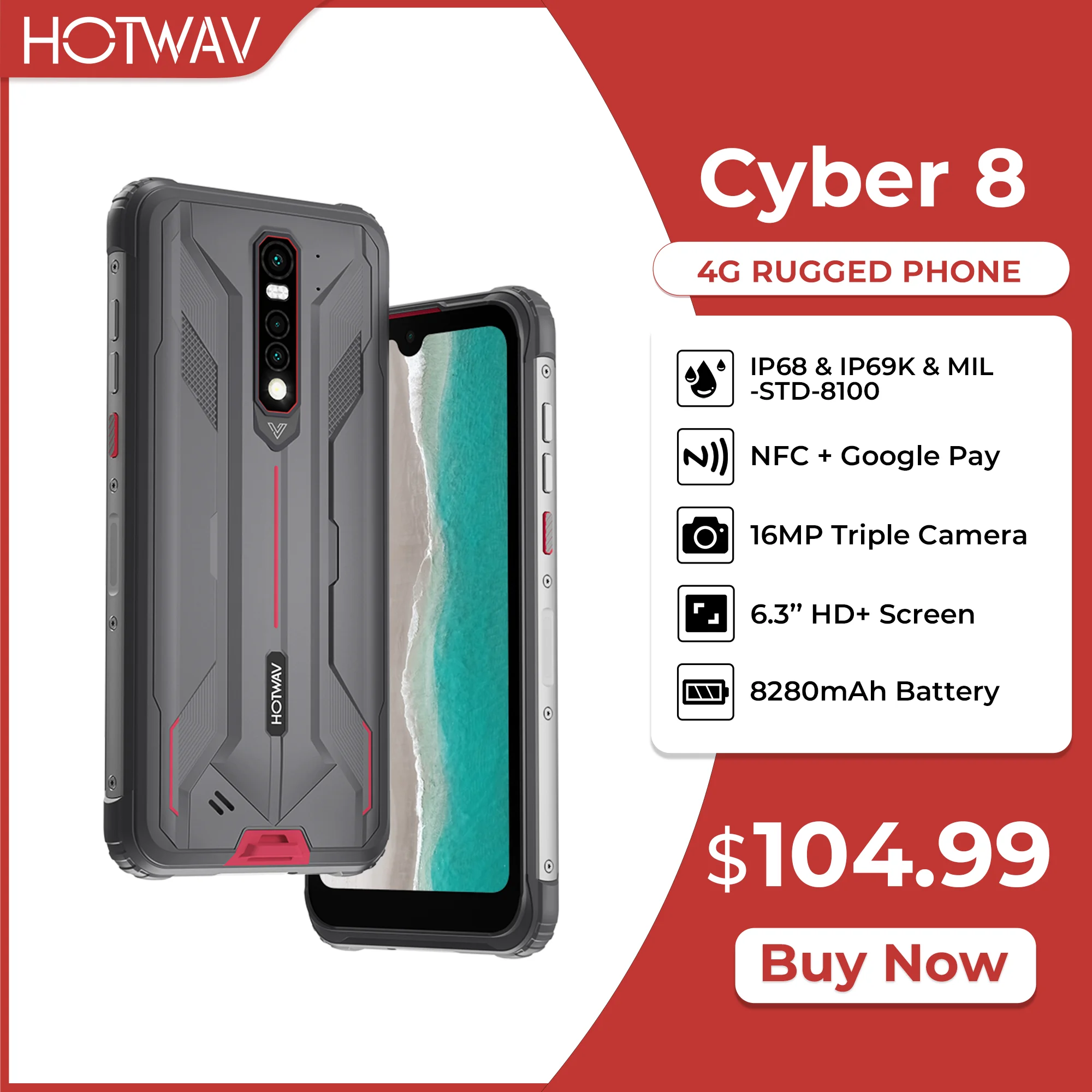 HOTWAV CYBER 8 Global Version Mobile Phone 4GB 64GB Waterproof 8280mAh 16MP Camera 6.3 Inch NFC Android 11 Rugged Smartphone