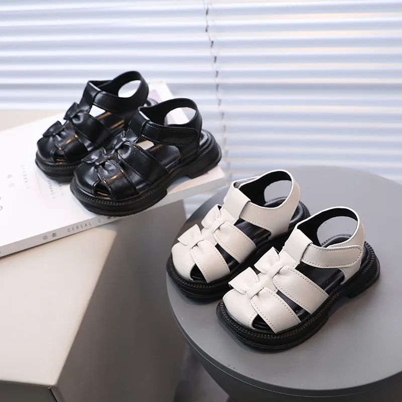 

Children Sandals for Boys Peep-toe Solid Color Hook & Loop 2023 New Soft Breatheable Girls Casual Shoes Britain Style Summer PU