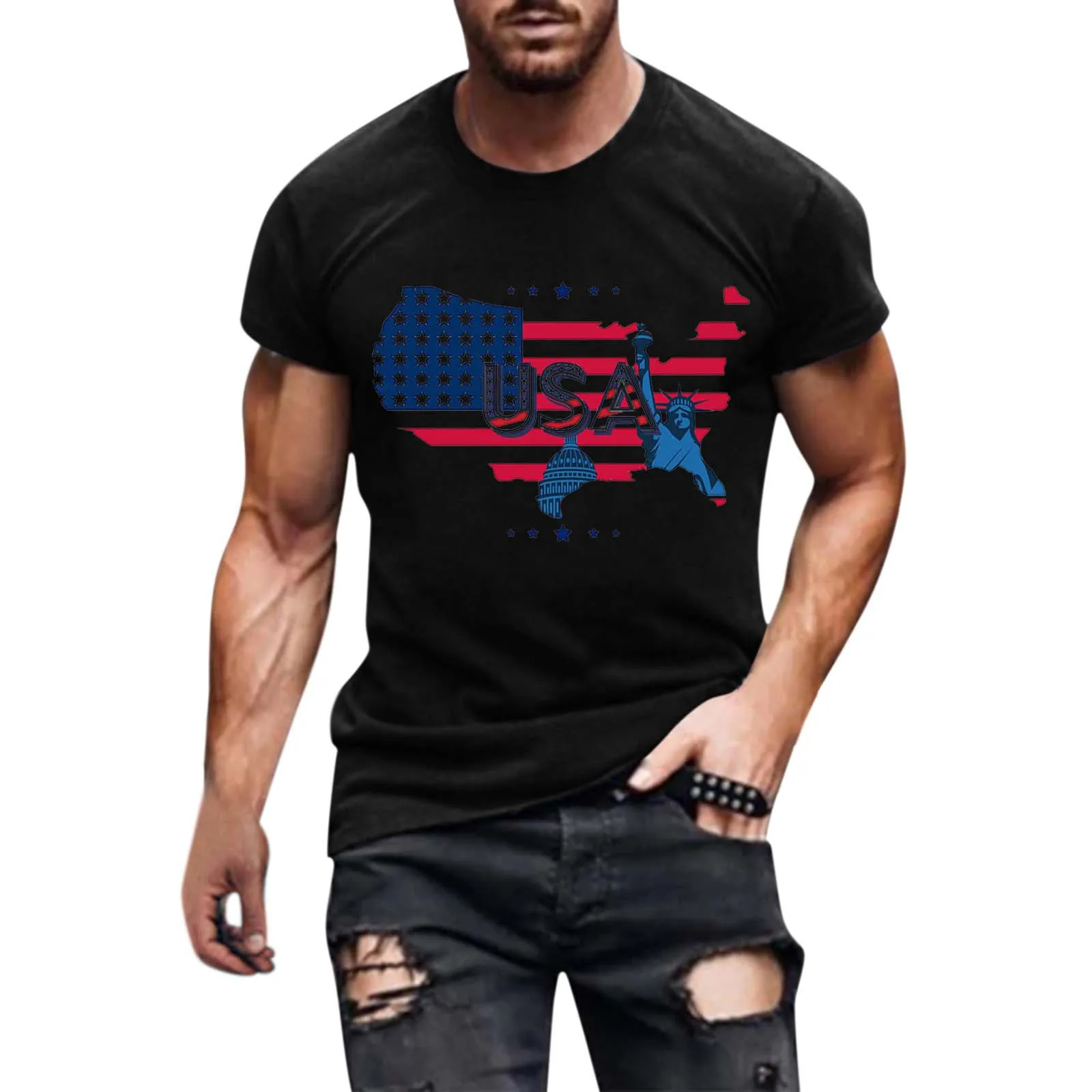 

Футболка мужская летняя с круглым вырезом, Повседневная рубашка с коротким рукавом, с принтом на День Независимости, топы, одежда с круглым ...