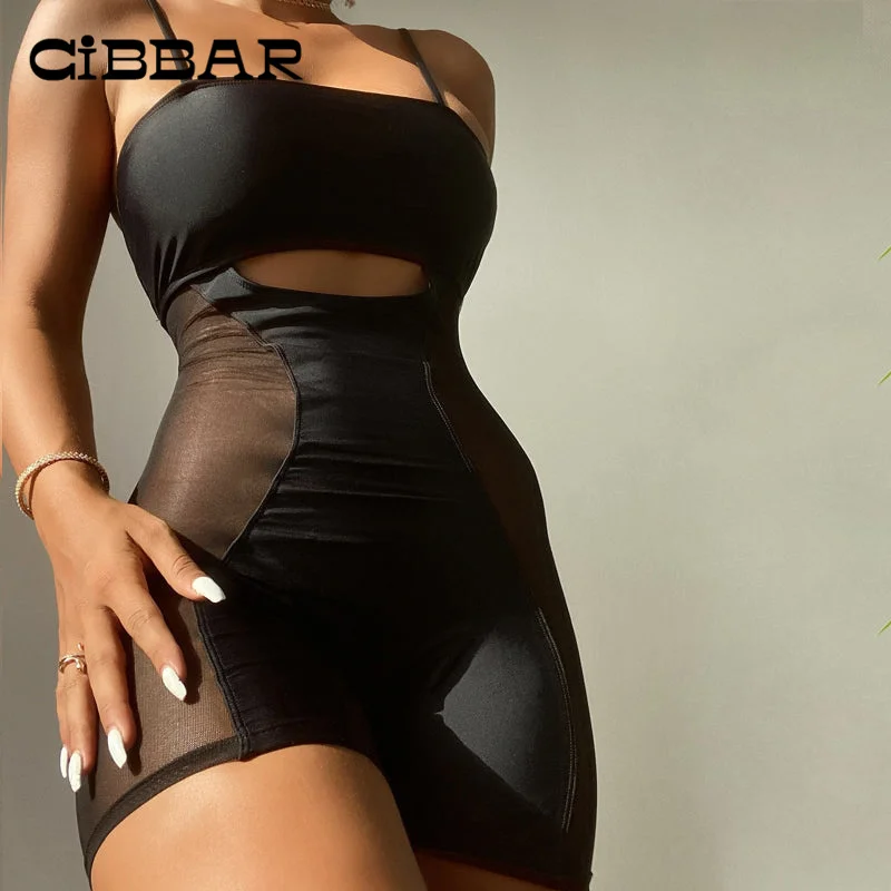 

CIBBAR Clubwear Sexy Mesh Patchwork Playsuits Summer Streetwear Fashion Hollow Out Women Bodysuits Sporty Backless Rompers New