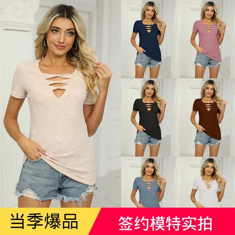 

New Summer V-neck Pullover, Solid Color Top Summer New Casual Slim Fitting Short Sleeved women T-shirt
