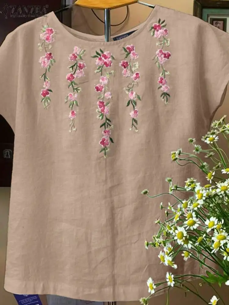 Женская летняя блузка с цветочной вышивкой ZANZEA рубашка коротким рукавом