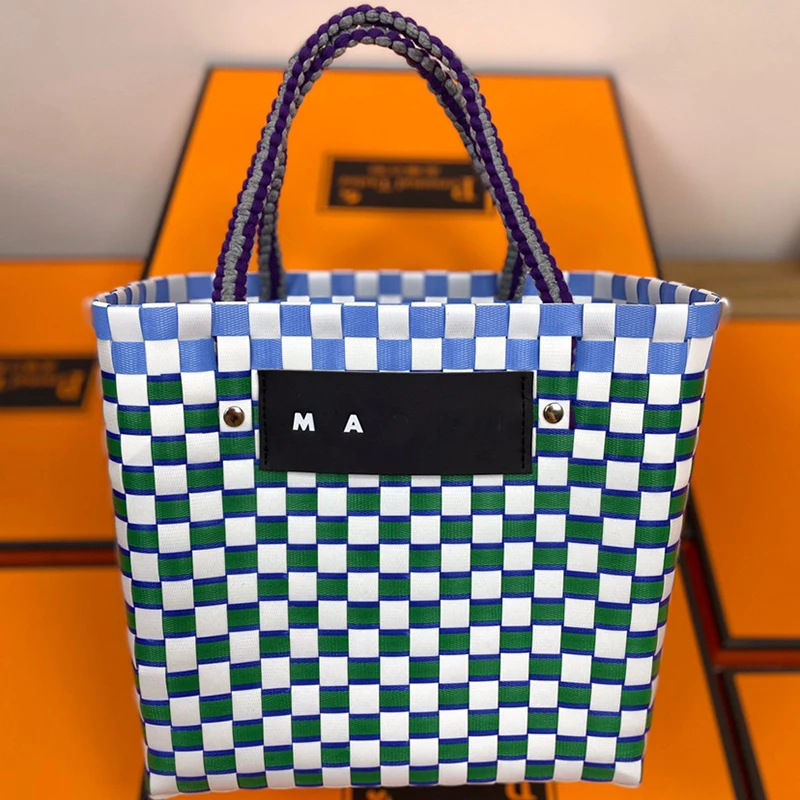 

Summer Beach Plaid Fashion Woven Hand Bag Basket For Women 2022 Trendy Luxury Designer Brand The Tote Bag Casual Shopper Handbag