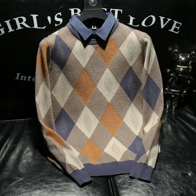 Luxurious Knitted Coat Plaid Imitation Two-piece Sweaters Men's Shirt Collar Fashion Pullover British Style High-end Sweater