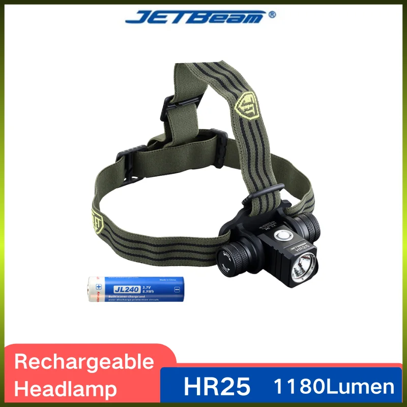 

JETBEAM HR25 Rechargeable Headlight 1180 Lumens Hard Light Use SST40 N4 BC Led With 2400mAh Battery Lightweight Headlamp