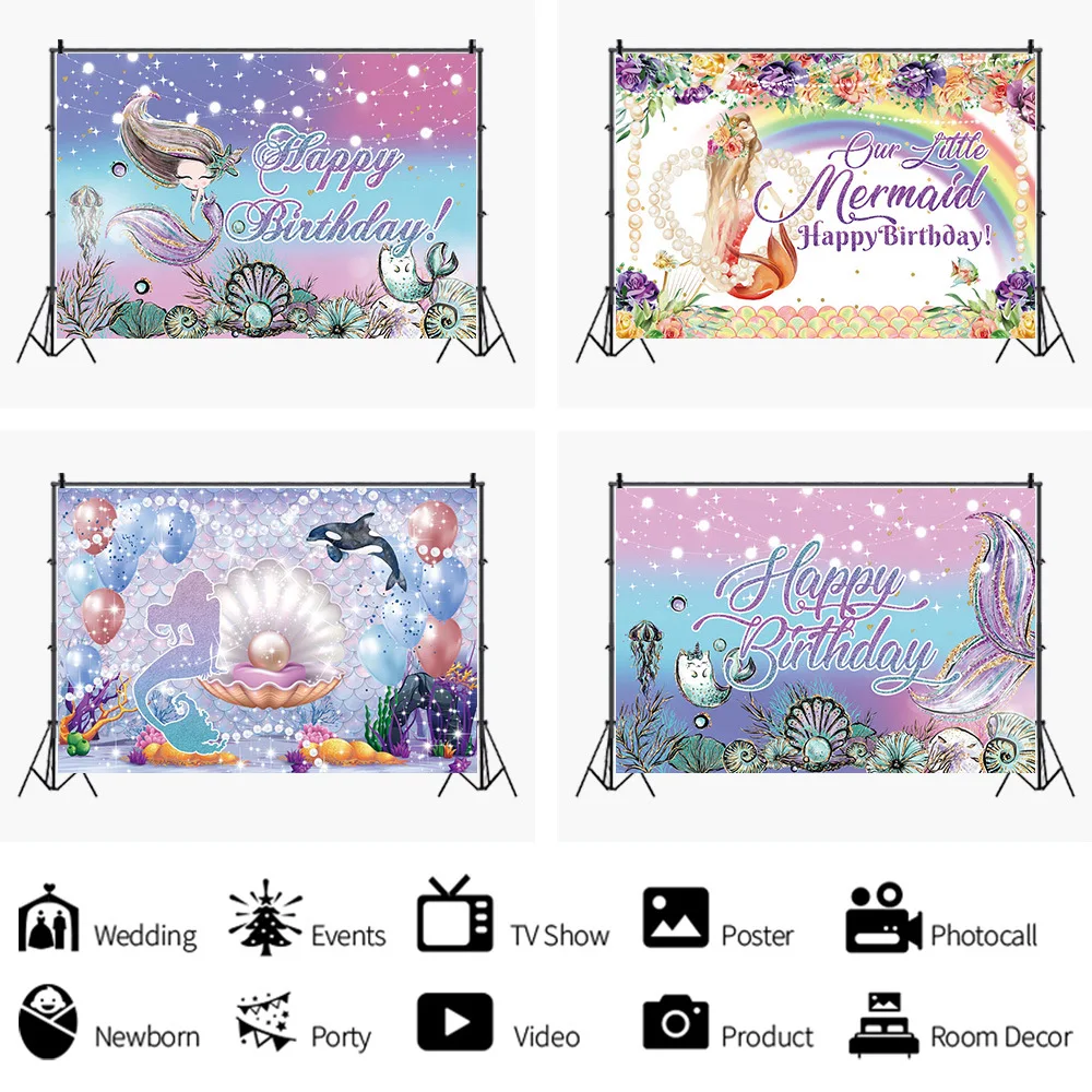 

Mermaid Photography Backdrops Happy Birthday Party Decor Photo Background Newborn Baby Girl Poster Balloon Decoration