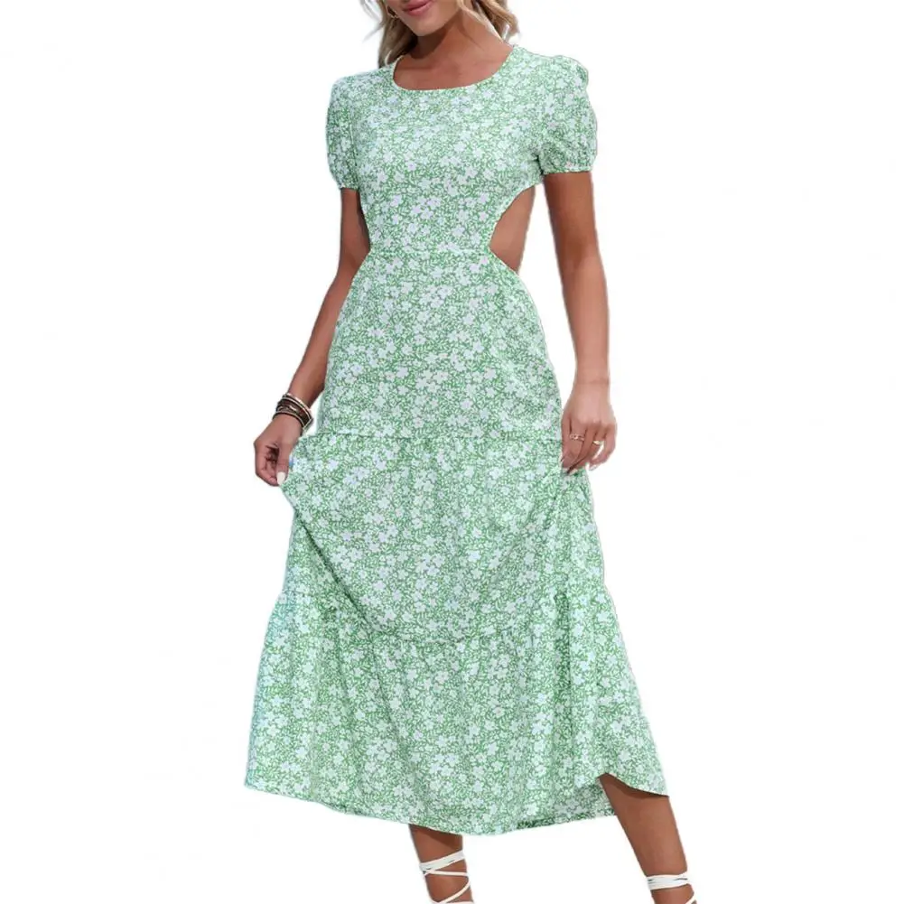 

Summer Midi Dresses Big Hem Short Sleeve Dress Sexy Backless Casual Bohemian Floral Printed A-Line Dress Sundress Vestido Robes