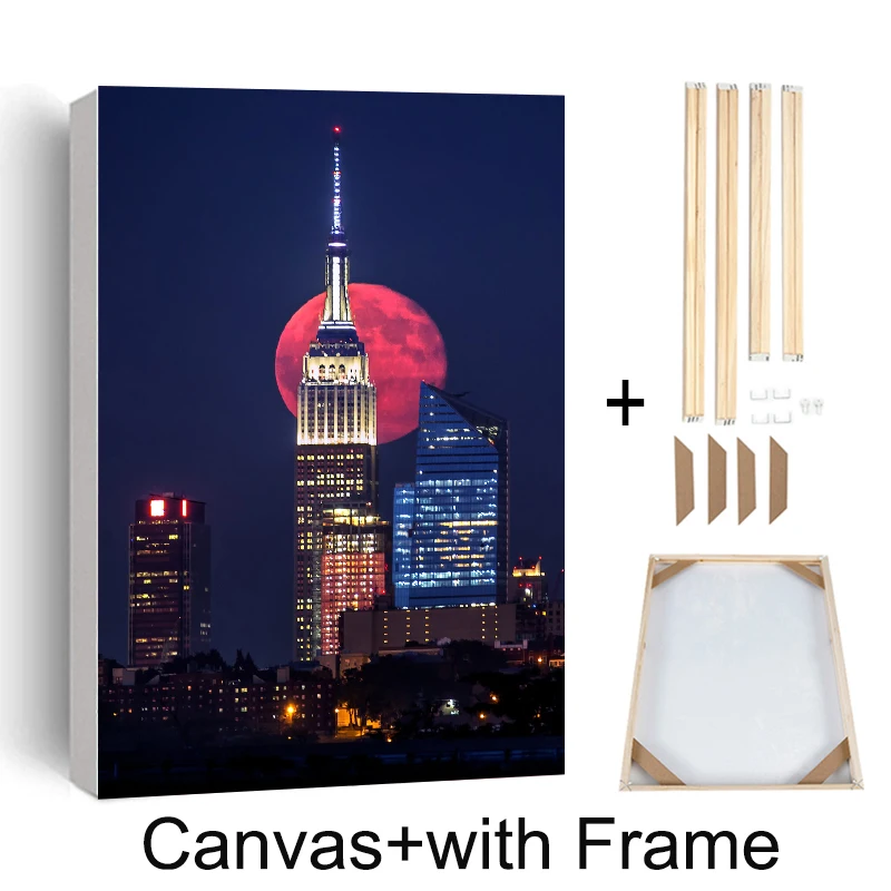 Постер на холсте Эйфелева башня ночью Нью-Йорк Луна настенное искусство здание
