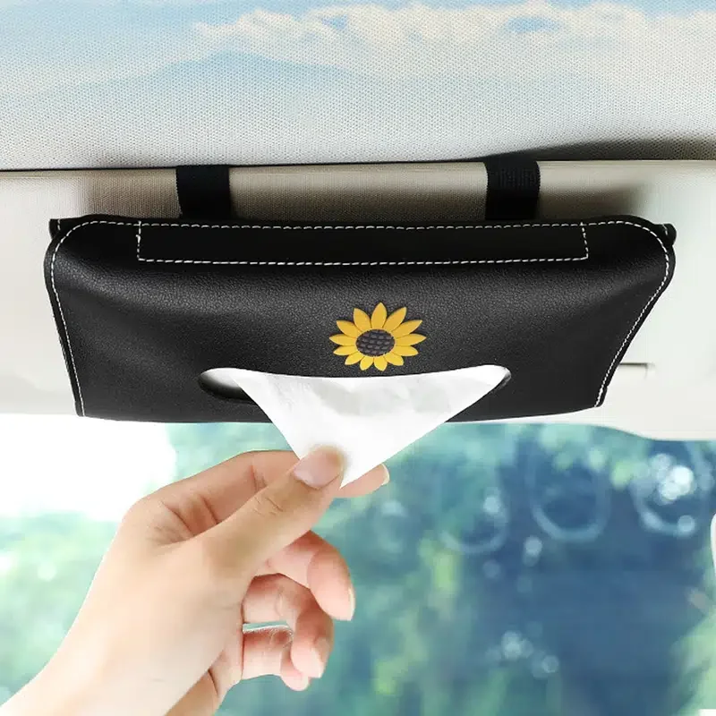 

1pc Car Sun Visor Tissue Box PU Leather Sunflower Hanging Napkin Case Holder Car Accessories For Women Ladies