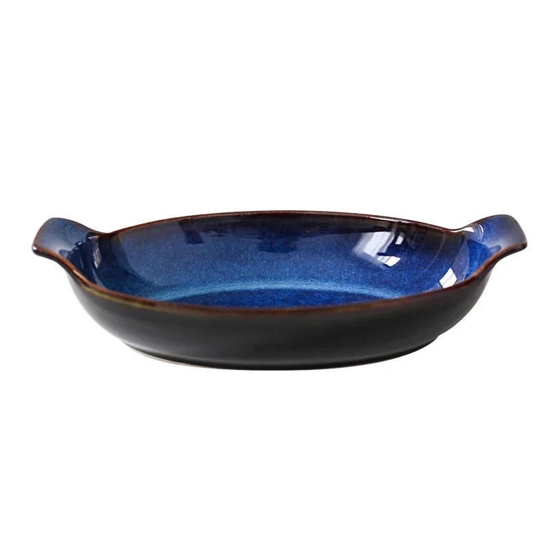 Фото KINGLANG Klin Синяя керамическая тарелка в форме лодки, длинная тарелка для рыбы, блюдо для запекания сыра. №5