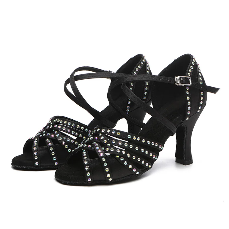 Latin Dance Shoes Women Shiny Rhinestone Black Pink Brown Ballroom Shoes For Female 2022 New Style Indoor Salsa Dancing Sandals
