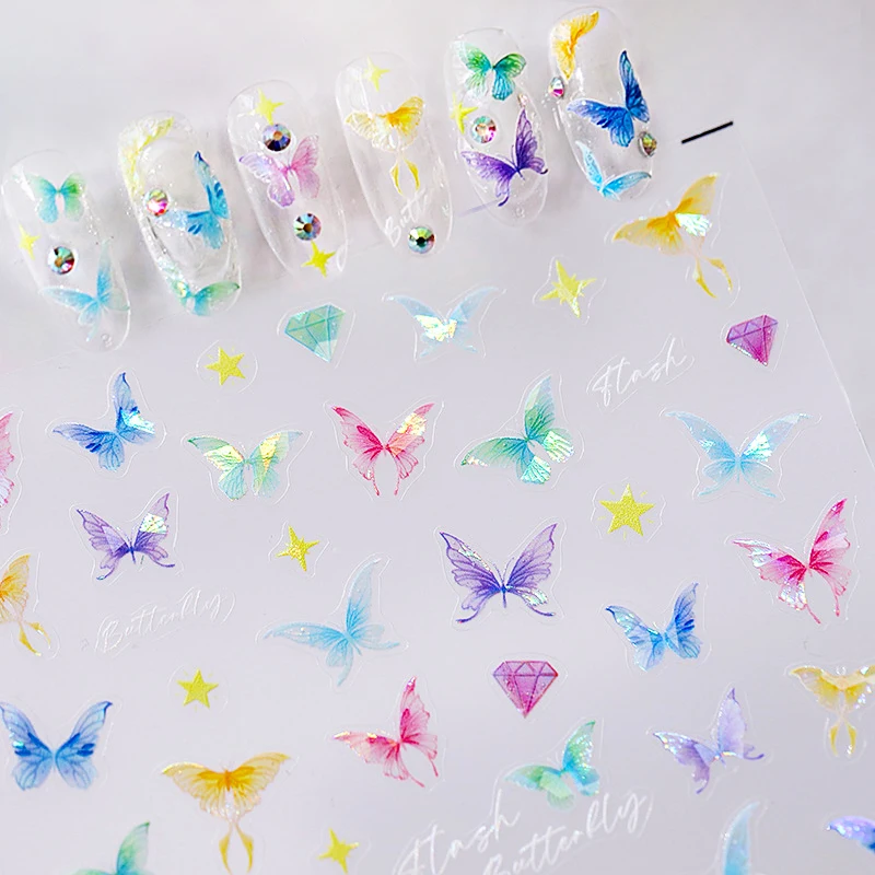 

Dreamy Illusion Colorful Butterfly 3D Self Adhesive Manicure Decal High Quality 5D Soft Embossed Reliefs Nail Art Stickers Woman