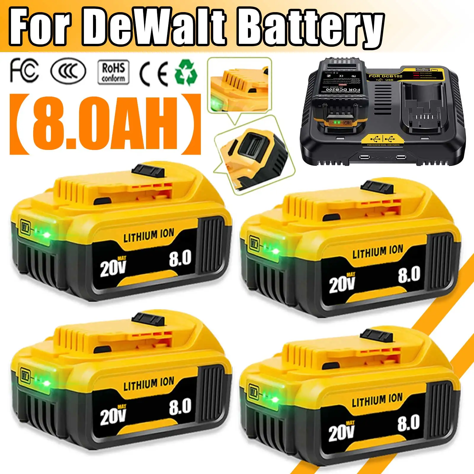 

8000MAH For Dewalt DCB200 20V 6.0ah/8.0ah/9.0ah Replacement Battery Compatible with For Dewalt DCB182 18V Tools Battery+charger