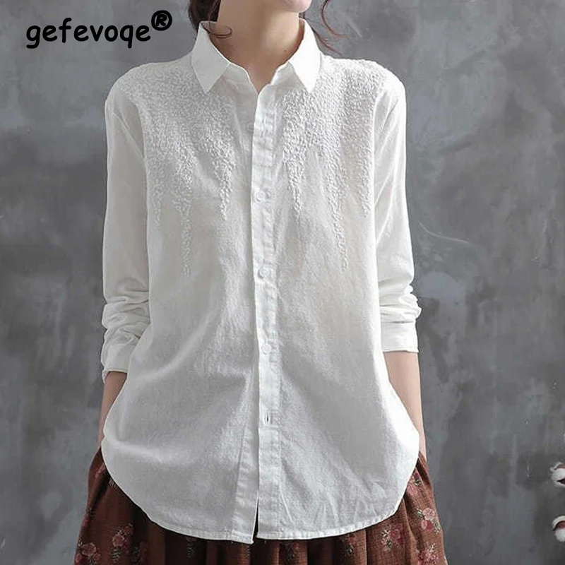 

Vintage Cotton White Embroidered Long Sleeve Tops Women Shirt 2022 New Lapel Buttons Casual Fashion Wild Blouse Female Clothes