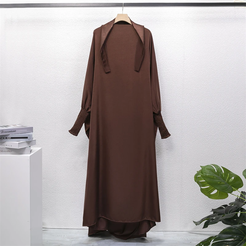 Muslim Abaya One-piece Prayer Dress Hooded Smocking Sleeve Women Jilbab Islamic Clothing Dubai Saudi Black Robe Turkish Modesty