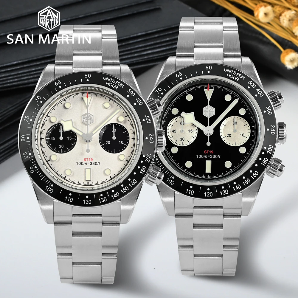 

San Martin Panda Eyes Chronograph Mens Watches Seagull ST1901 Movement Bracelet Mechanical Watch Sapphire Glass 10ATM SN0052JS