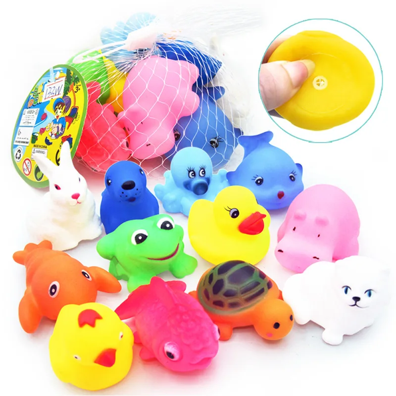 

12pcs Cute Animals Bath Toys Swimming Soft Rubber Bathing Ducks Float Squeeze Sound Squeaky Bathing Toy For Baby Kids Gifts