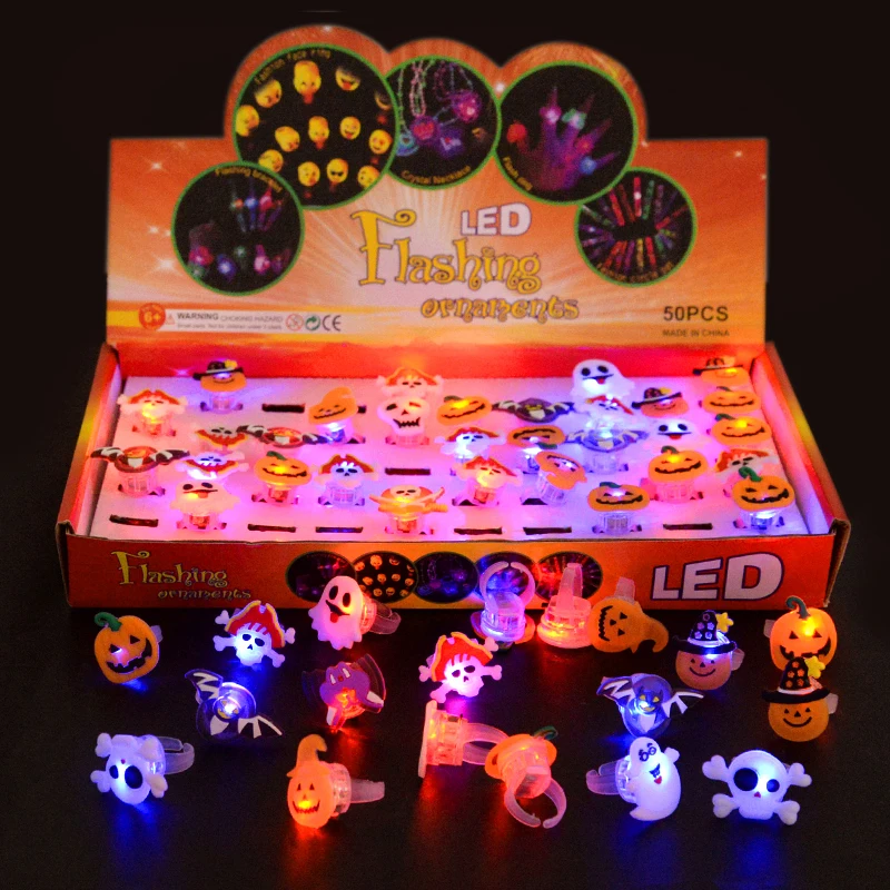 

10pcs Random Color Halloween LED Rings Cartoon Luminous Finger Rings Pumpkin Skull Bat Ring With Batteries Halloween Party Gifts