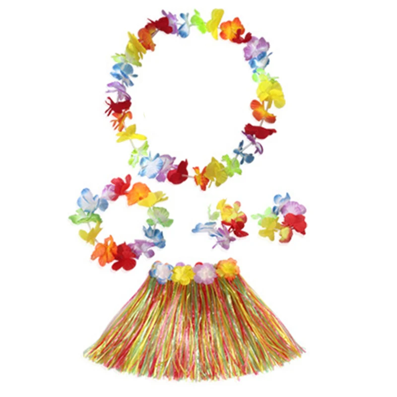 

Hot Sale Kids Girls Hawaiian Grass Skirt Flower Skirts Dance Grass Dress Costume Wristband Garland Fancy Party Costume Suit