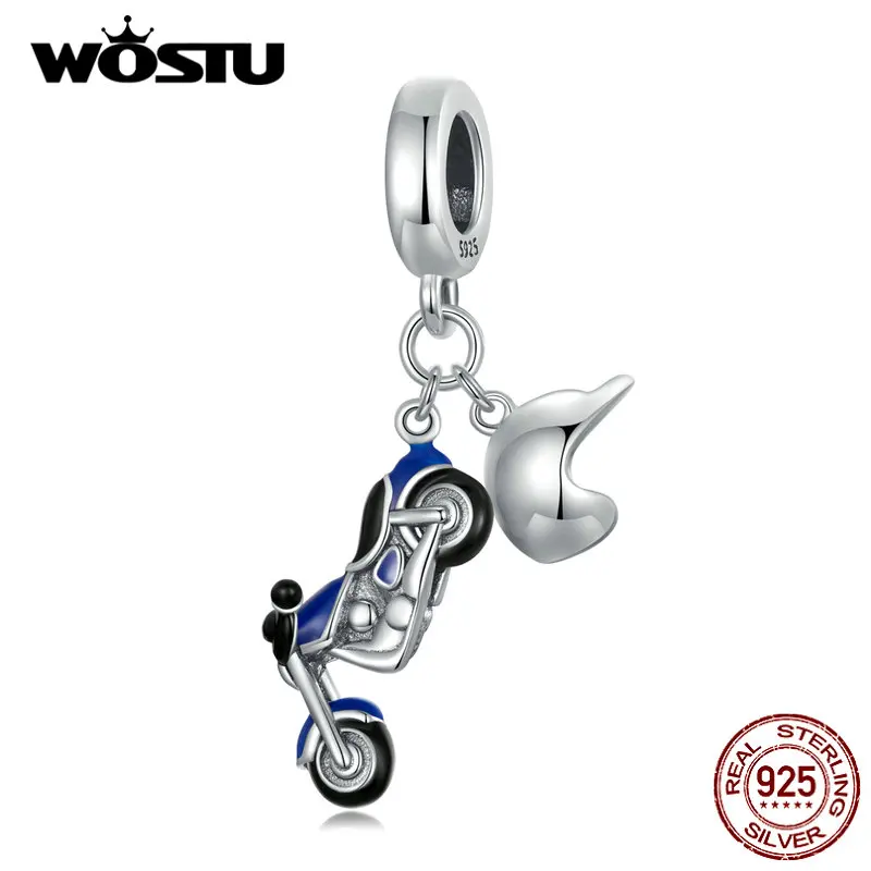 

WOSTU Real 925 Sterling Silver Motorcycle Car Charms Pendant Rainbow Enamel Bead Fit Original Bracelet Neckalce DIY Jewelry Make
