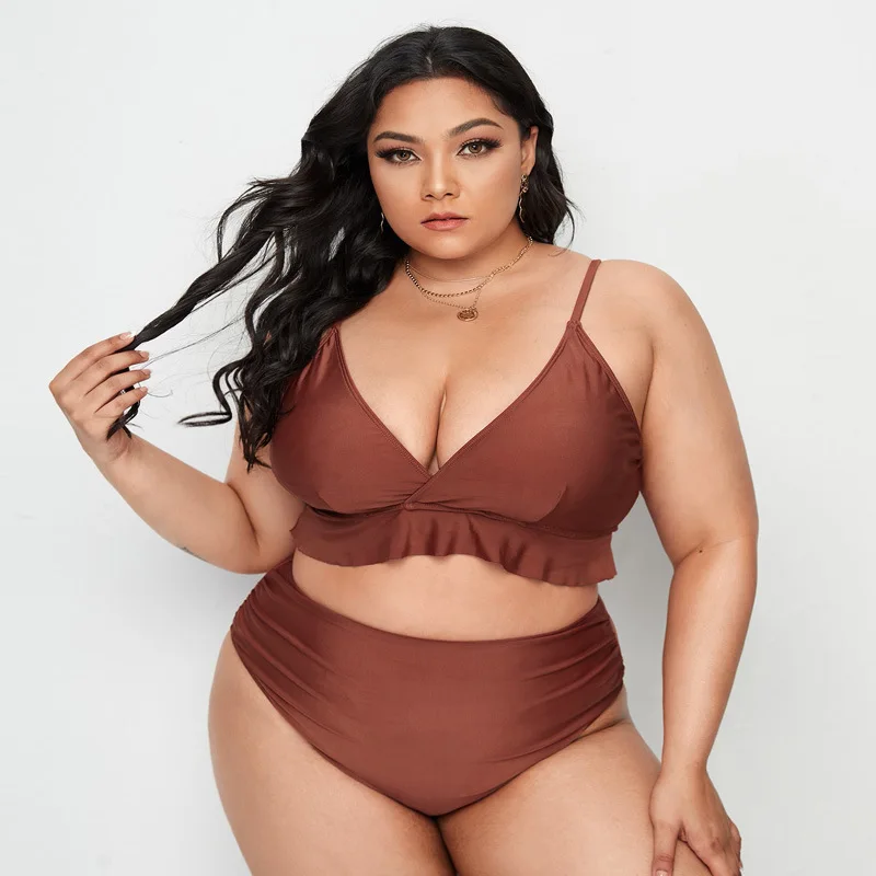 

SEAURAL Plus Size Brown Ruffled High Waist Tankini Bikini Sets Women Large Size Two Pieces Swimsuits 2023 Bathing Suits Swimwear