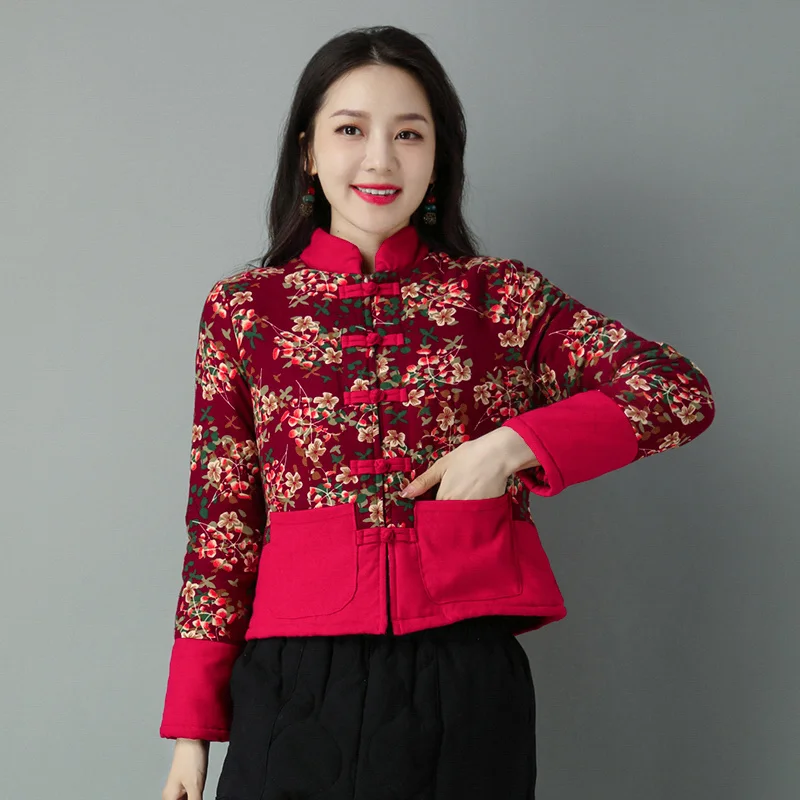 

Chinese Style Floral Padded Jacket Women Ethnic Cotton Linen Short Coat Autumn Winter Vintage Tang Suit Long Sleeve Outwear New