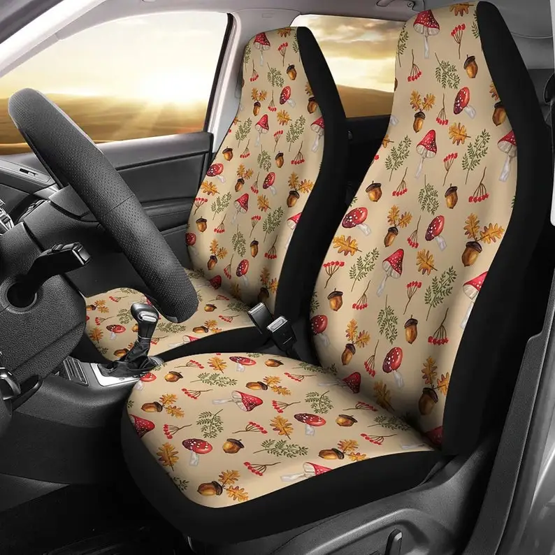 

Mushroom Car Seat Covers Cottagecore aesthetic Woods Forest Whimsical Style Printed Pattern on Tan Universal Car SUV Bucket Seat