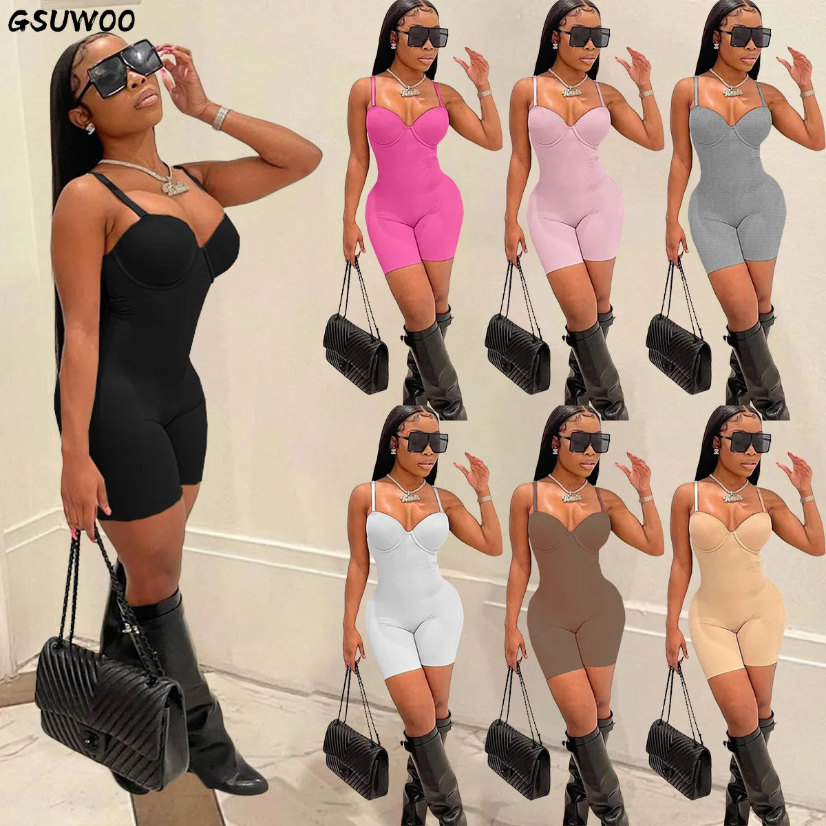 

GSUWOO Fitness Yoga Avtive Jumpsuit Solid Strapless V Neck Backless Elastic Sporty Playsuit Women Casual Outfit Jumpsuit Overall