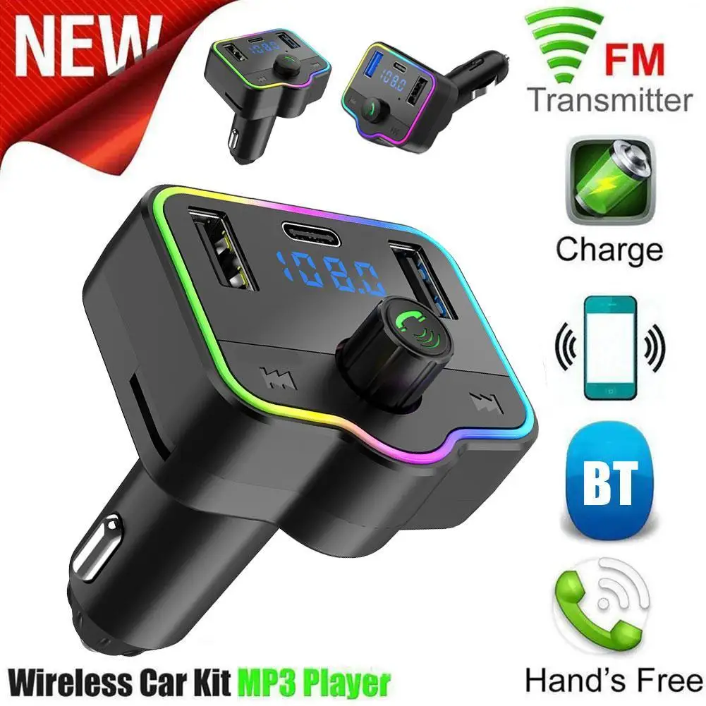 

Car Handfree FM Transmitter Bluetooth Mp3 Dual USB Port PD Charging Fast Charger Colorful Ambient Light Car Interior Accessories