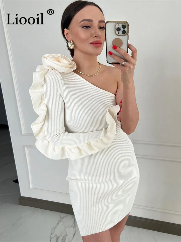 

Liooil Sexy One Shoulder Flower Ruffle Knit Ribbed Short Sweater Dress Autumn Winter Long Sleeve Knitted Bodycon Mini Dresses