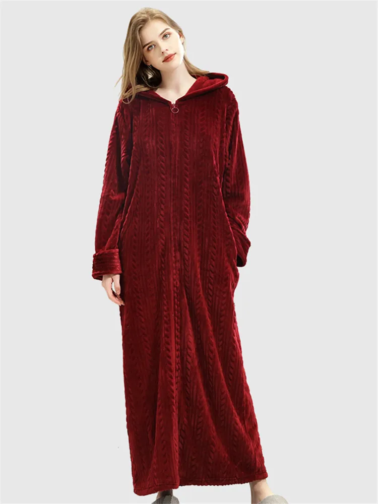 Men Winter Coral Bathrobe Warm Flannel Bath Cozy Robes Night Sleepwear Women Nightgown Zip Hooded