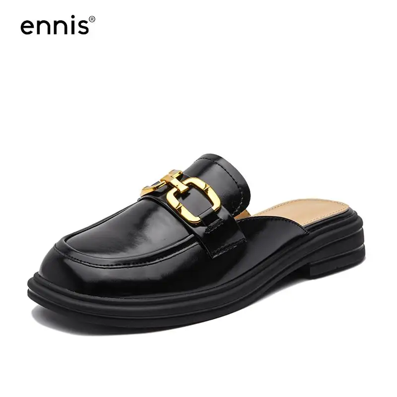 

ENNIS Designer Slippers Women Genuine Leather Mules Casual Shoes Close Toe Flat Slipper Shoes Loafer Summer Fashion Chain E253