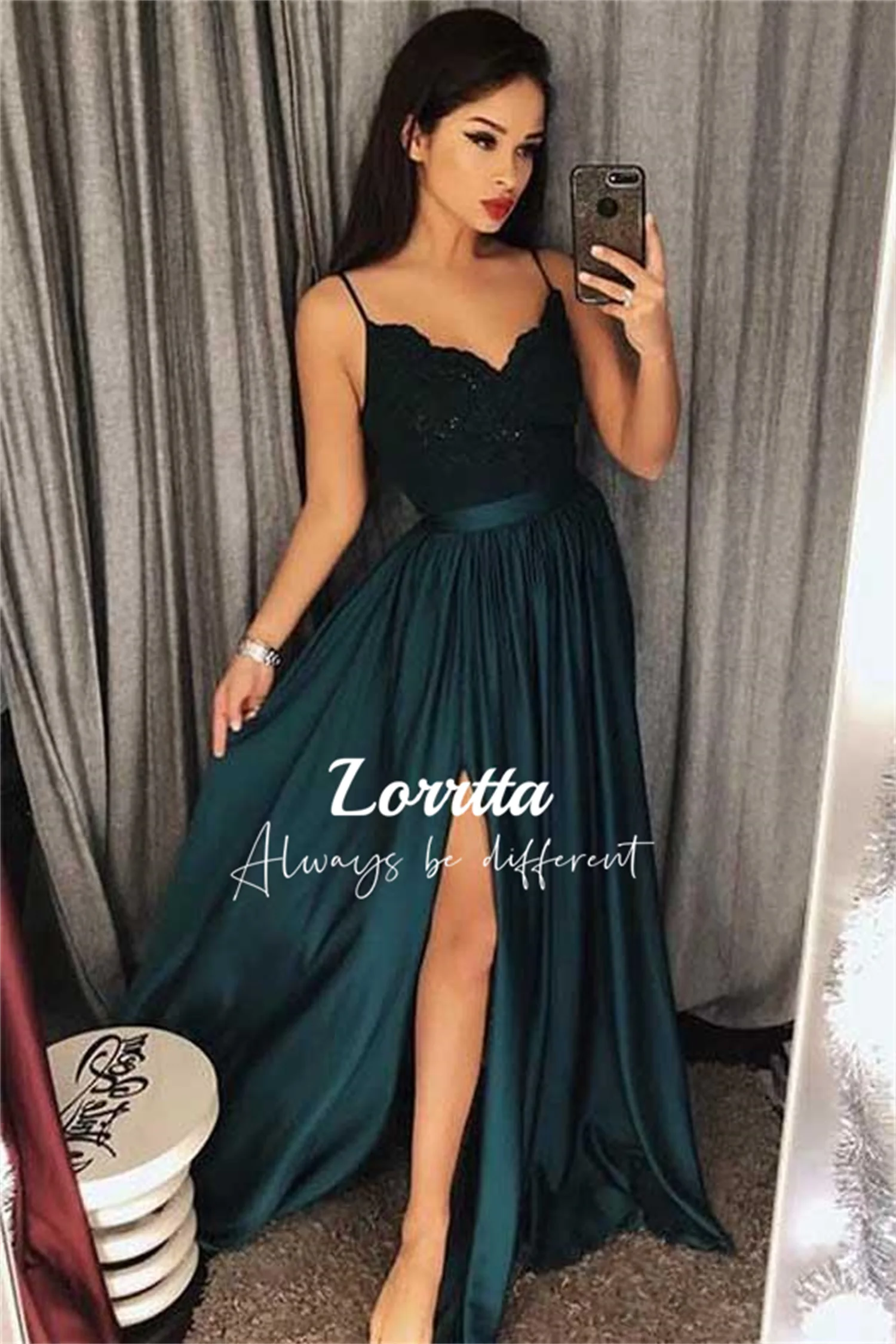 

Lorrtta Sleeveless Graduation Lace Spaghetti Straps Slit Satin Decal Evening Gowns for Women Ball Gown Dress Prom Dresses Formal