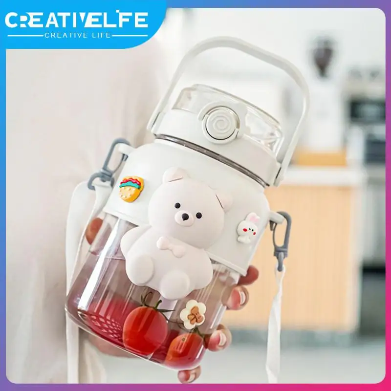 

Cute Bear Kettle Large Capacity Water Bottle Food Grade Material Double Drink Straw Carry-on Cup Outdoor Travel Drinkware